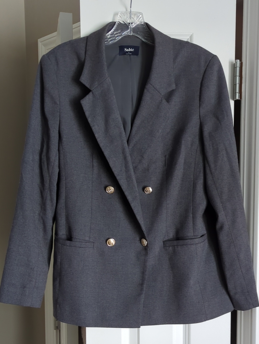 Sabine Charcoal Gray Double-Breasted Blazer with Gold Buttons